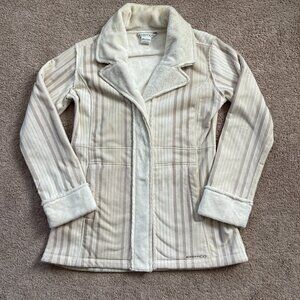 ExOfficio Womens Faux Fur Lined Fleece Tan Striped Penny Lane Snap Jacket Size S